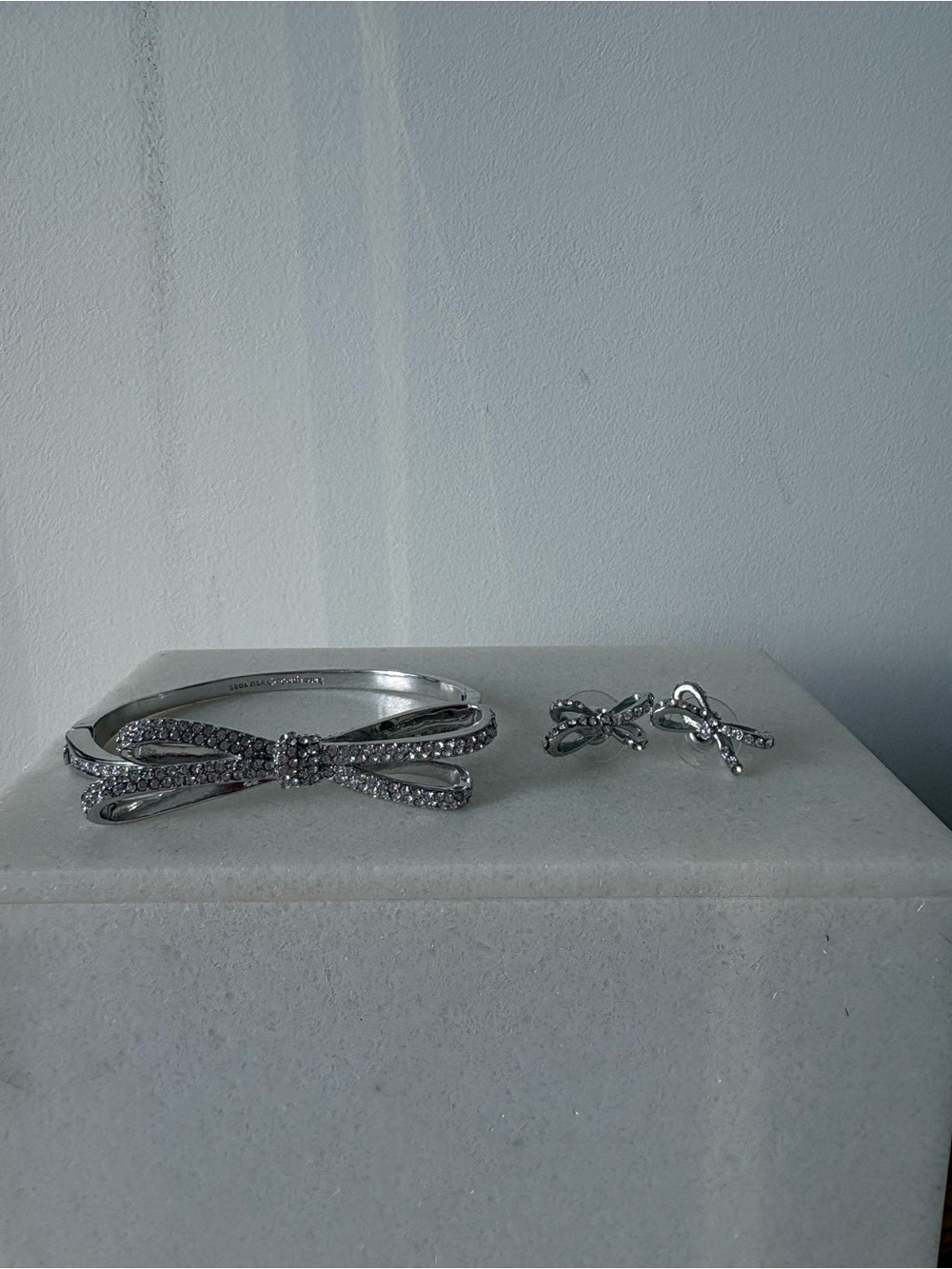 Kate Spade Tied Up Pave Bow Bangle & Earrings Set, Silver-Tone